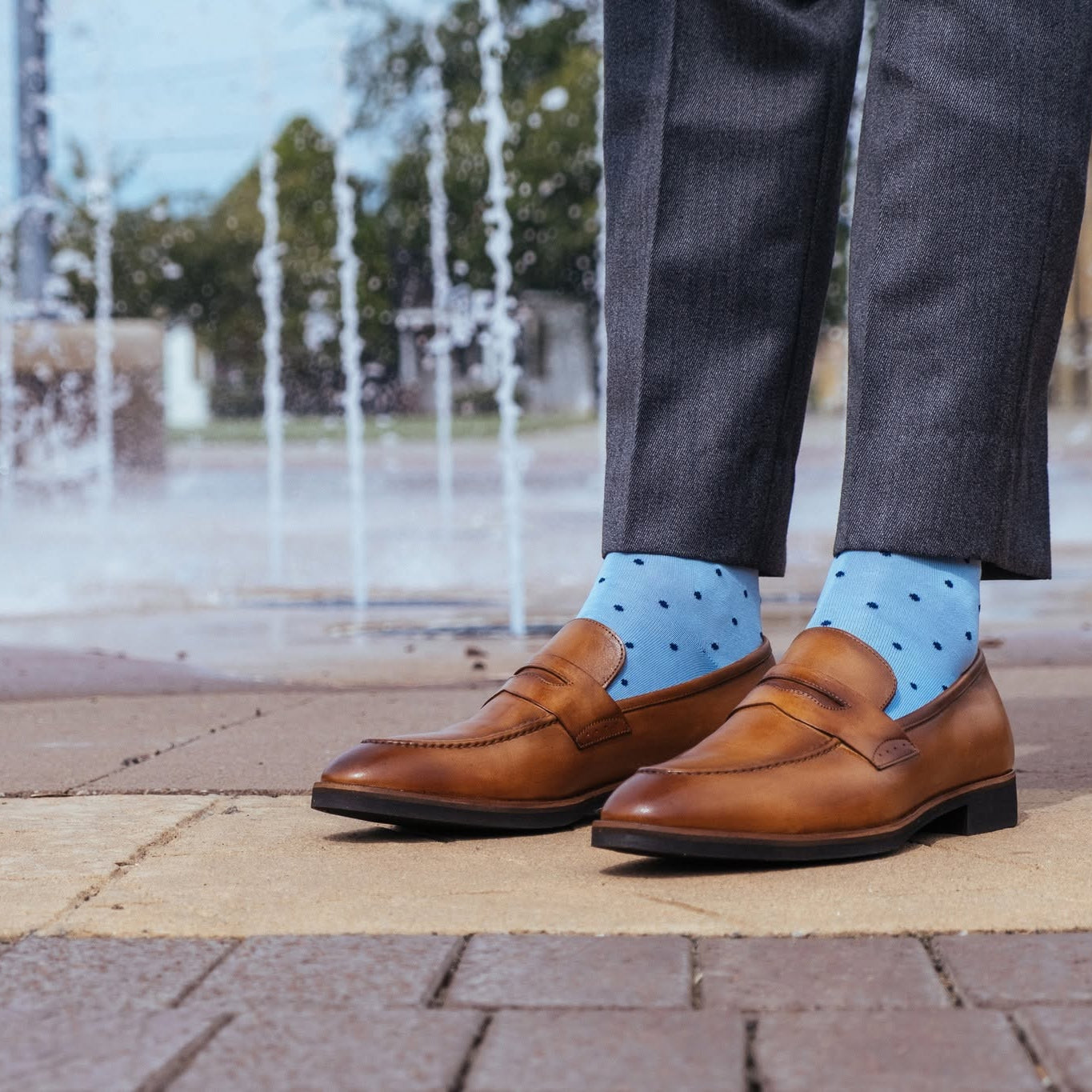 brown dress shoes with blue pants Men's Sky Socks Dots – Dapper Classics® Kirrin Finch is a Size:2XSmall Age:2T-12Y Stripe Ruffle Maxi Dress