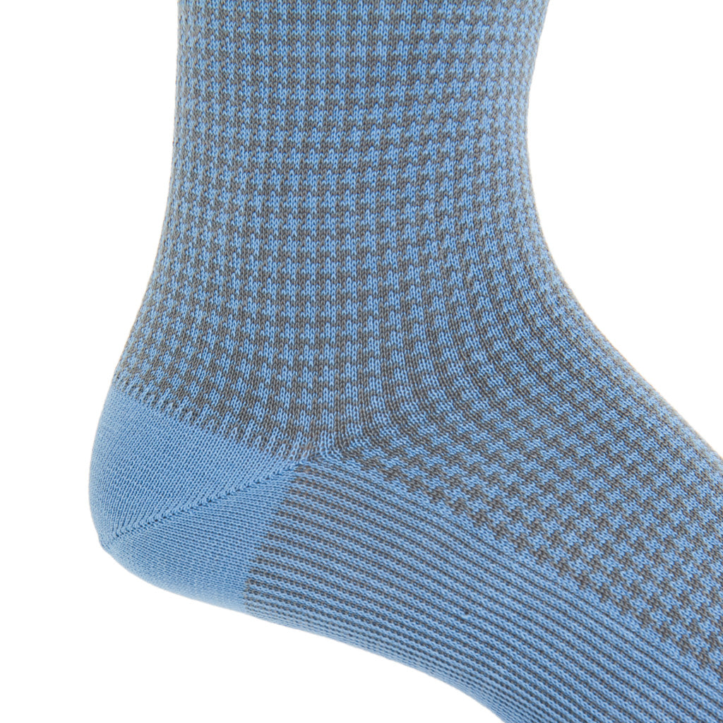Mid-Calf-Azure-Blue-Steel-Gray-Houndstooth-Cotton-Sock