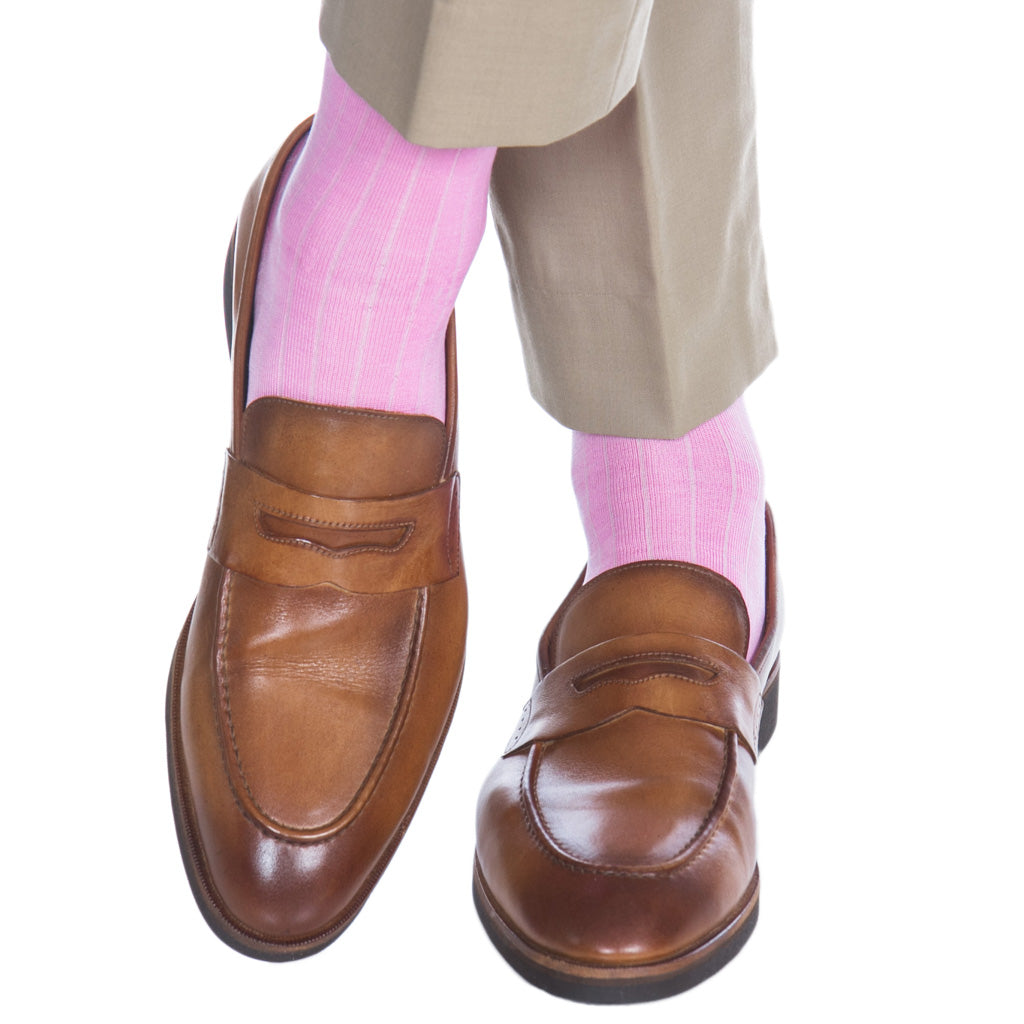 Pink Solid Ribbed Cotton Mid-Calf Sock
