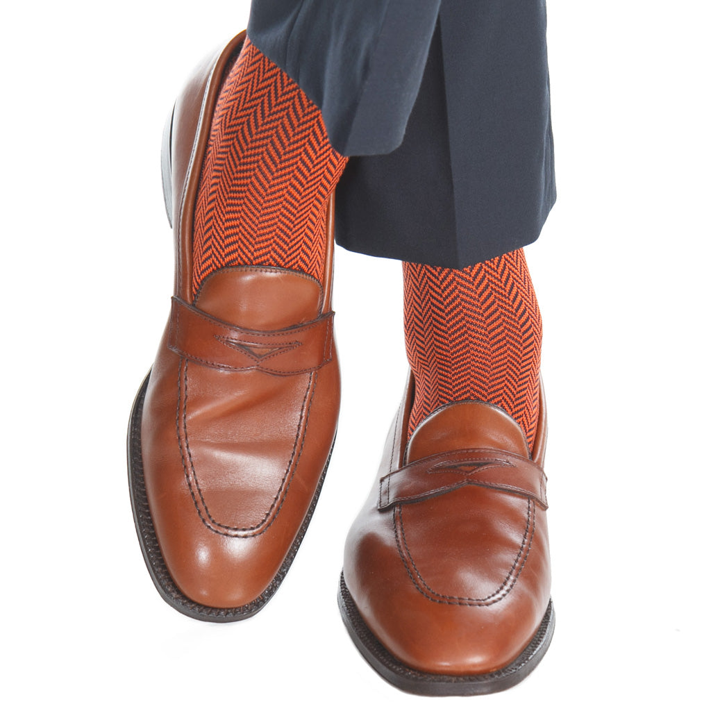 Classic Navy and Blood Orange Herringbone Cotton Sock Linked OTC