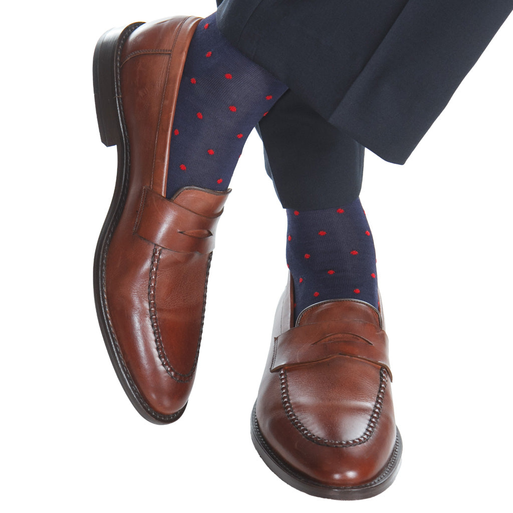 Mens cotton navy dress socks with red dots and mid calf length – Dapper Classics®