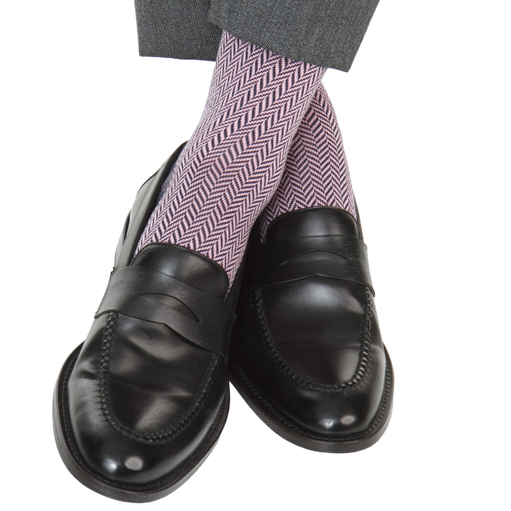 Classic Navy with Pink Herringbone Cotton Over-the-Calf Sock