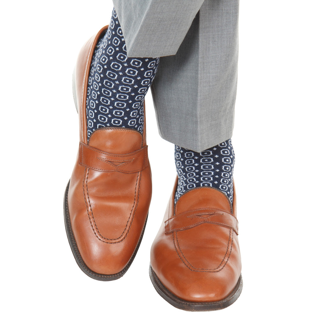Dress Navy with White Neats Fine Merino Wool Over-the-Calf Sock