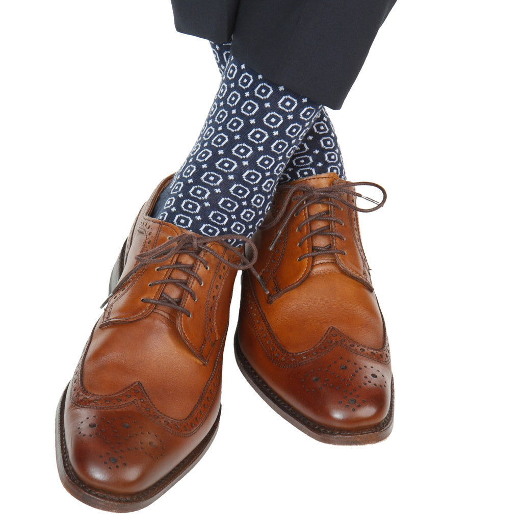 Dress Navy with White Neats Fine Merino Wool Over-the-Calf Sock