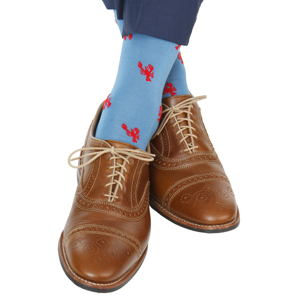 Azure Blue with Red Lobsters Cotton Mid-Calf Sock