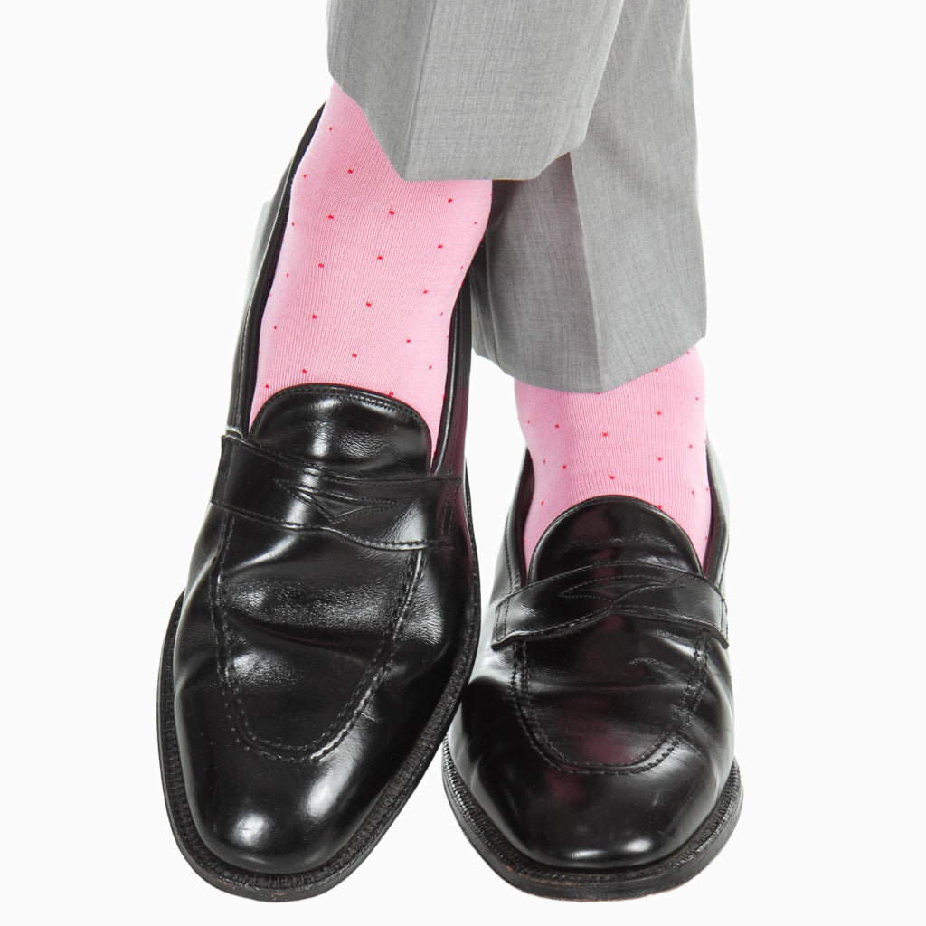 Pink with Red Orange Pin Dot Cotton Mid-Calf Sock