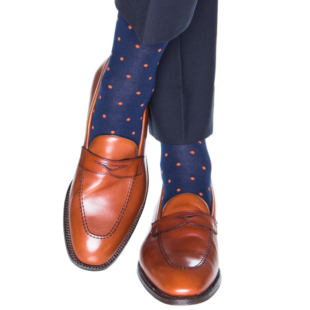 Dress Navy with Burnt Orange Dot Fine Merino Wool Mid-Calf Sock