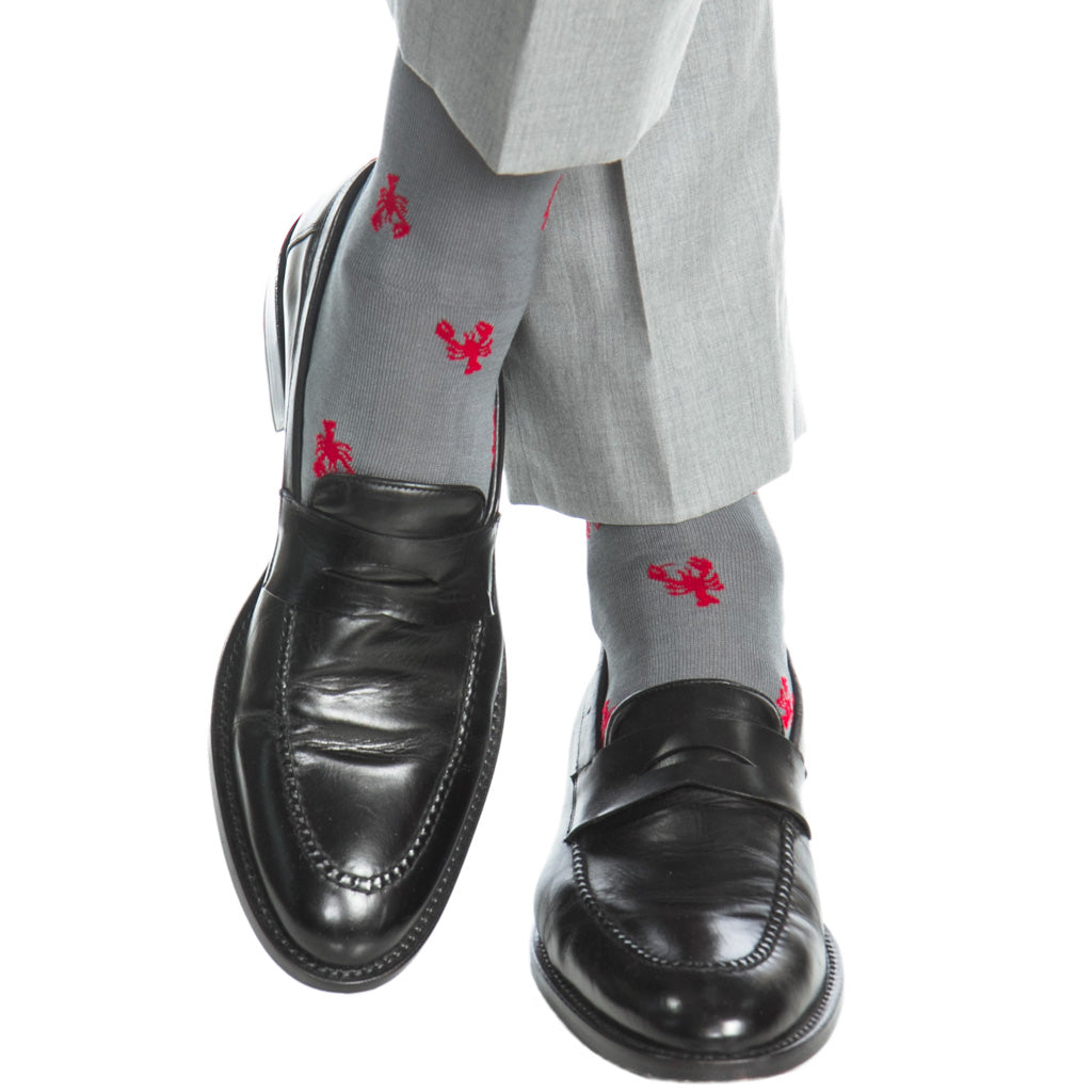 Steel Gray with Red Lobster Cotton Over-the-Calf Sock