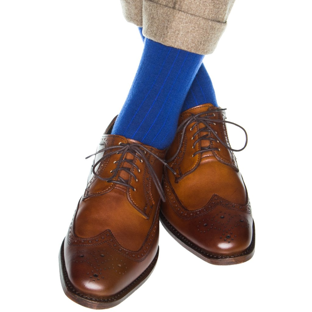Cobalt Blue Solid Wide Ribbed Cashmere Wool Blend Sock Linked Toe Mid ...