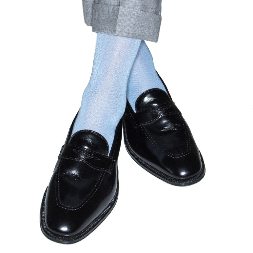 Sky Blue Ribbed Sock Linked Toe Mid-Calf - mid-calf - dapper-classics