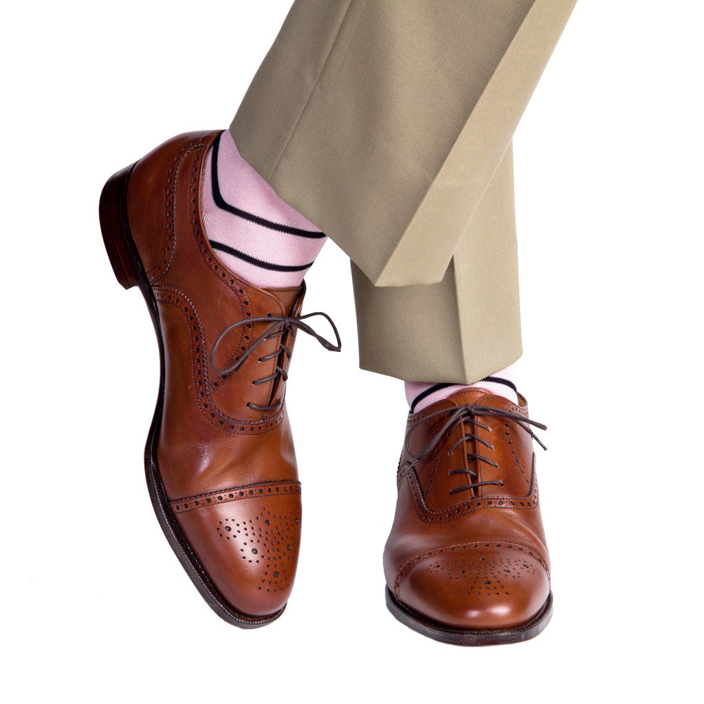 Pink Socks with Navy Stripes Linked Toe Mid-Calf - mid-calf - dapper-classics 