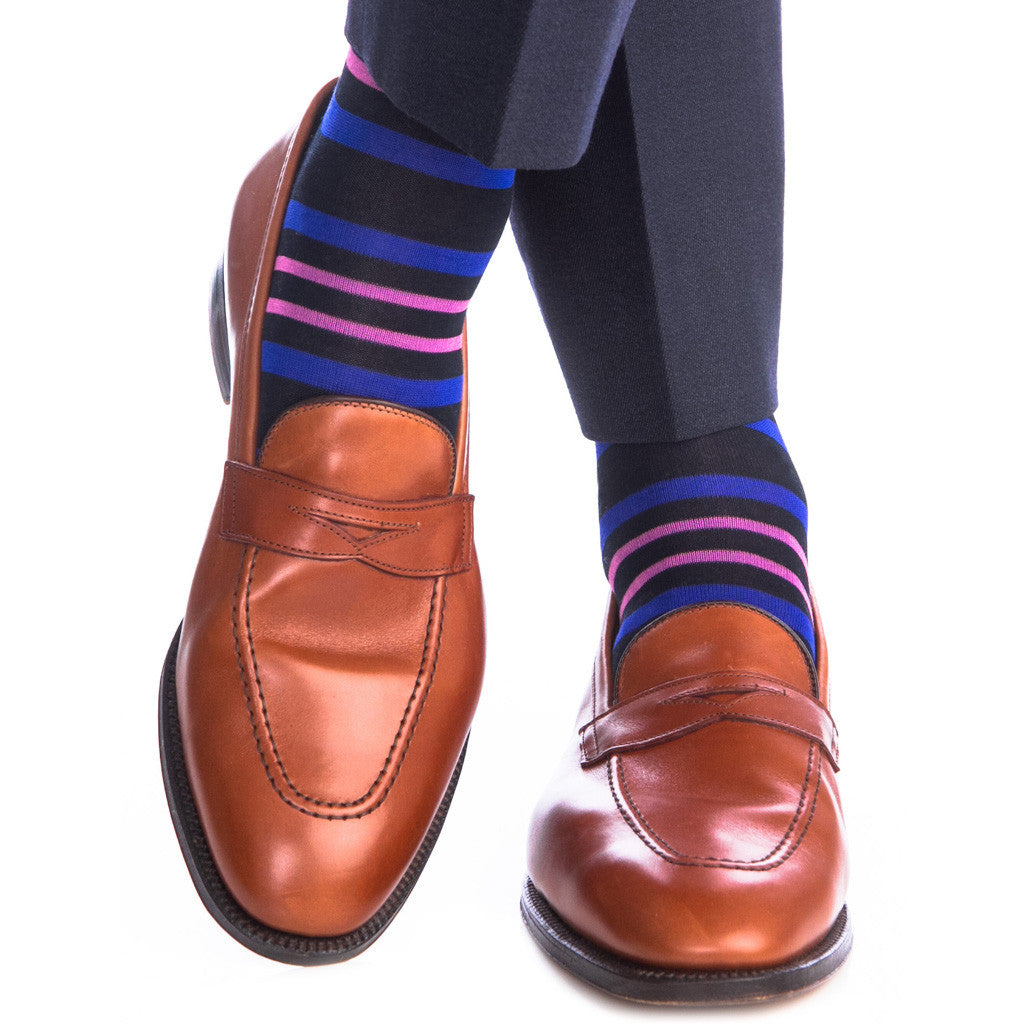 Navy with Clematis Blue and Rose Stripe Sock Linked Toe Mid-Calf - mid-calf - dapper-classics