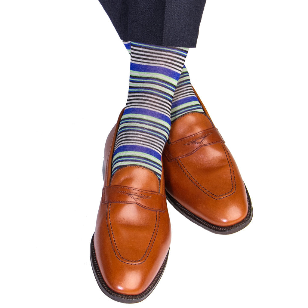 Black with Grey, Clematis Blue and Green Mini Stripe Sock Linked Toe OTC - over-the-calf - dapper-classics