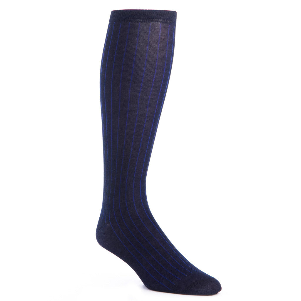 Navy with Blue Vertical Stripe Sock Linked Toe OTC - over-the-calf - dapper-classics