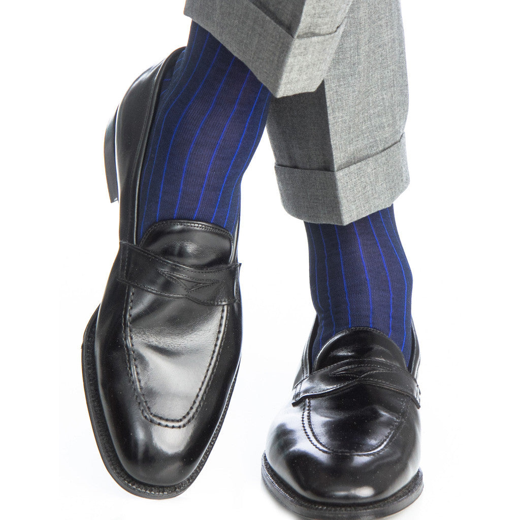 Navy with Blue Vertical Stripe Sock Linked Toe OTC - over-the-calf - dapper-classics