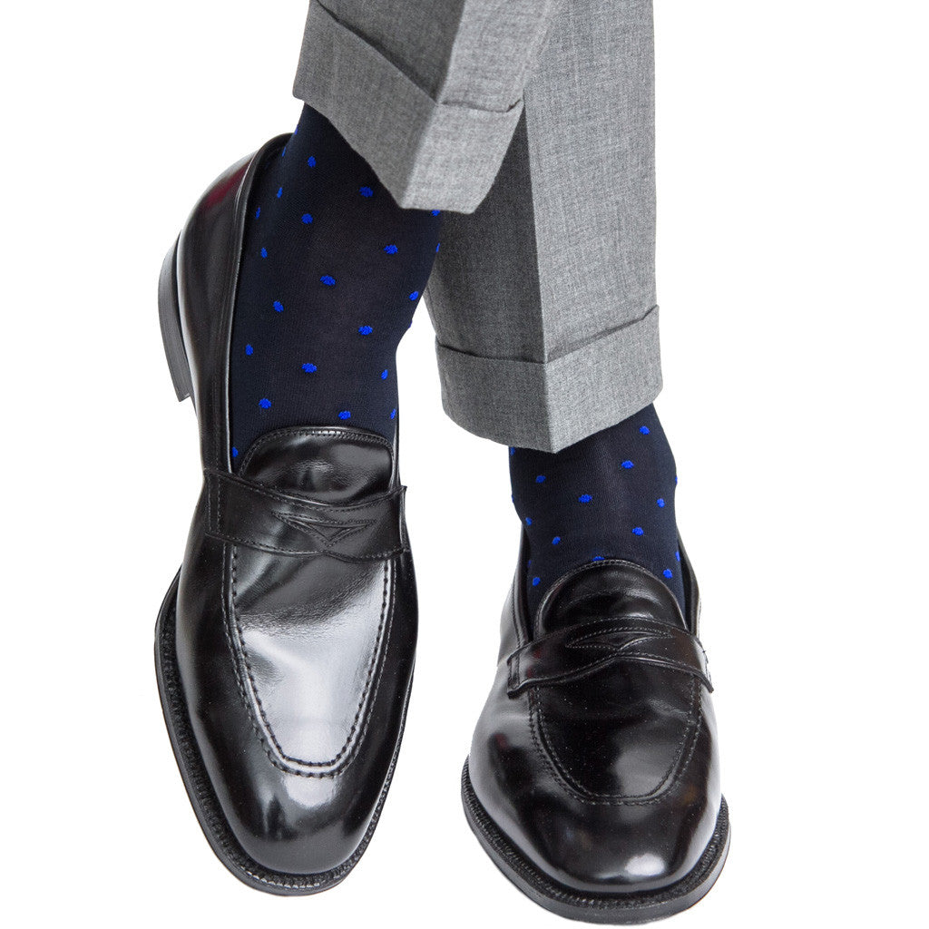 Navy with Clematis Blue Dot Sock Linked Toe Mid-Calf - mid-calf - dapper-classics