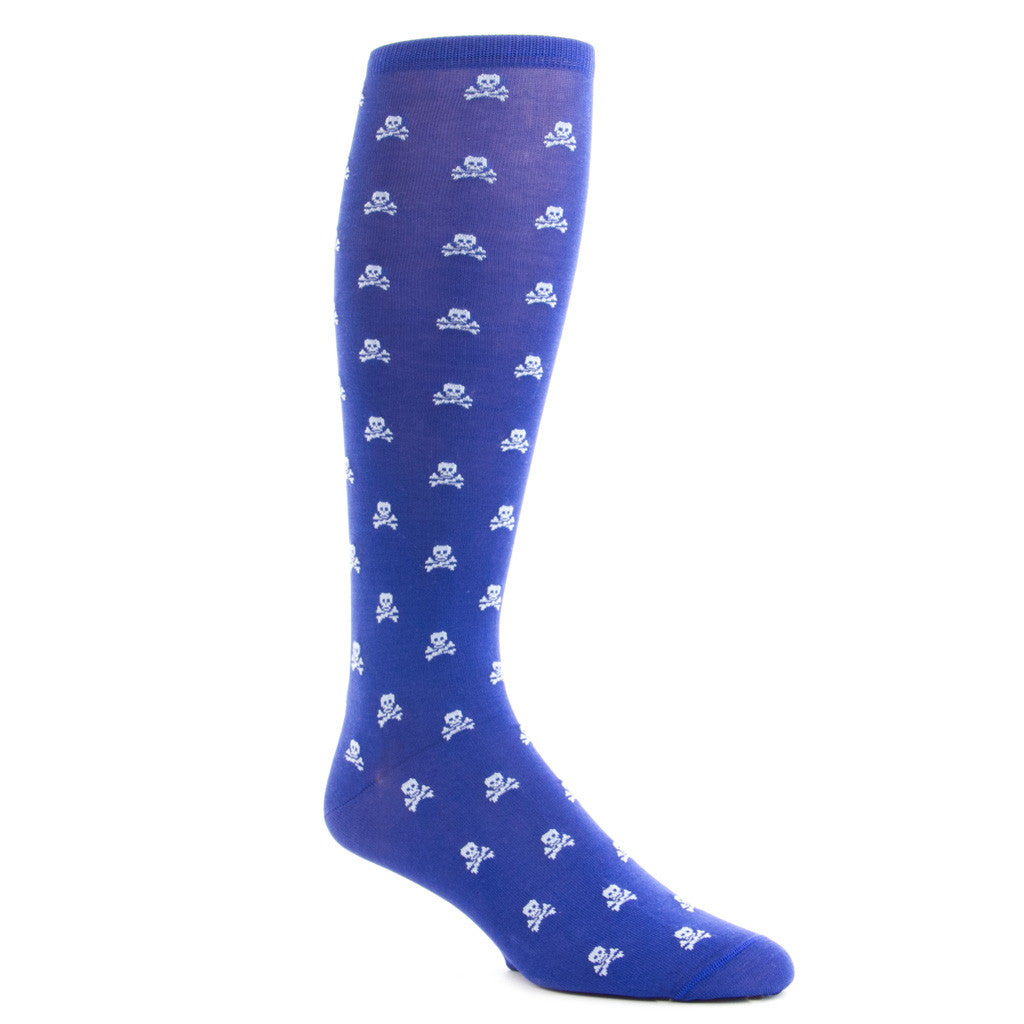 Clematis Blue with Sky Blue Skull and Crossbone Sock Linked Toe OTC - over-the-calf - dapper-classics