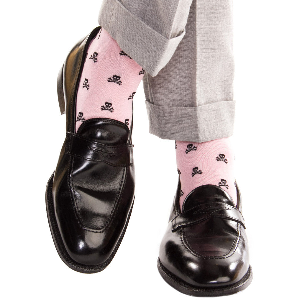 Pink with Black Skull and Crossbone Sock Linked Toe OTC - over-the-calf - dapper-classics