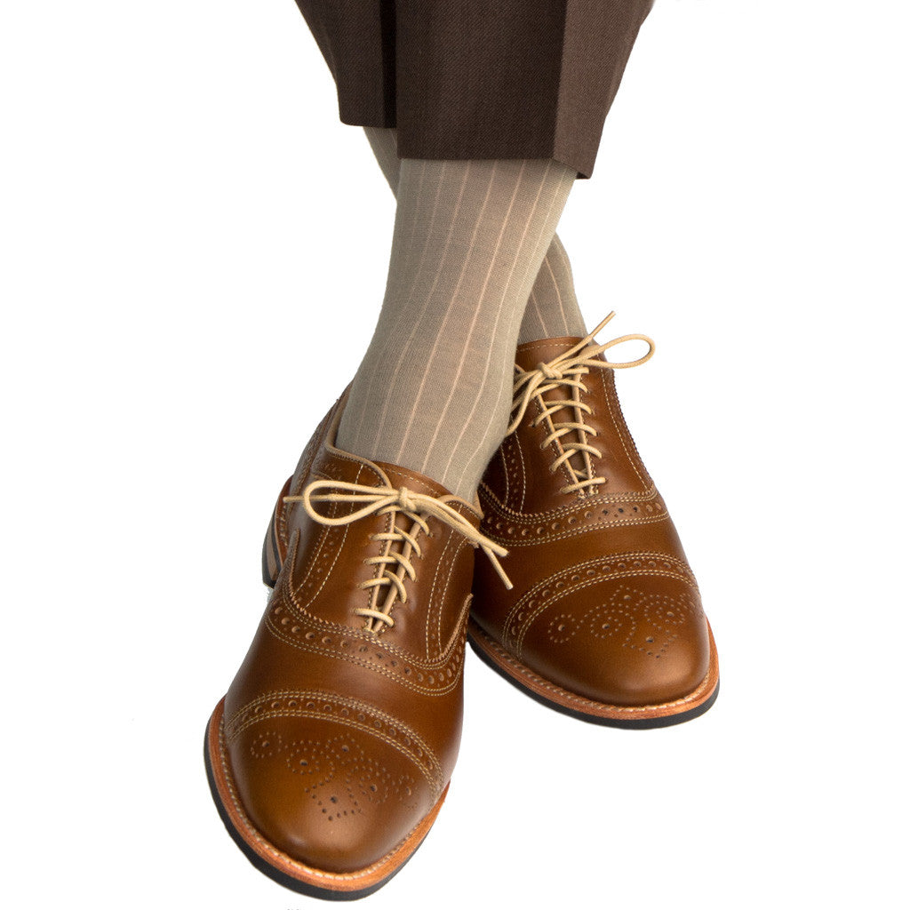Taupe Ribbed Sock Fine Merino Wool Linked Toe Mid Calf - mid-calf - dapper-classics