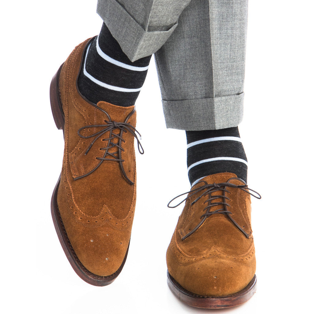 Charcoal with Sky Blue Fine Merino Wool Stripe Linked Toe Mid-Calf - mid-calf - dapper-classics