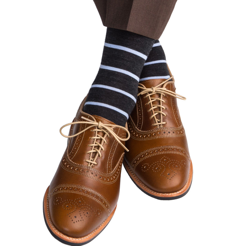 Charcoal with Sky Stripe Linked Toe Fine Merino Wool OTC - over-the-calf - dapper-classics