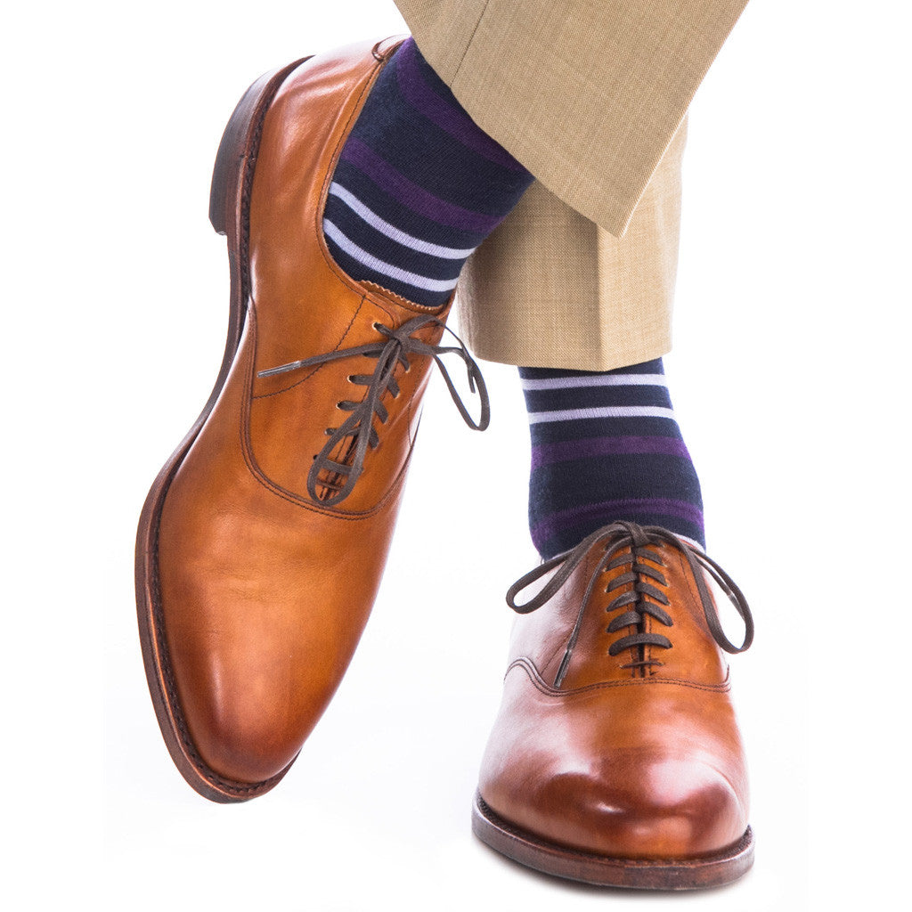 Dress Blue with Purple and Sky Blue Double Stripe Sock with Fine Merino Wool Linked Toe OTC - over-the-calf - dapper-classics