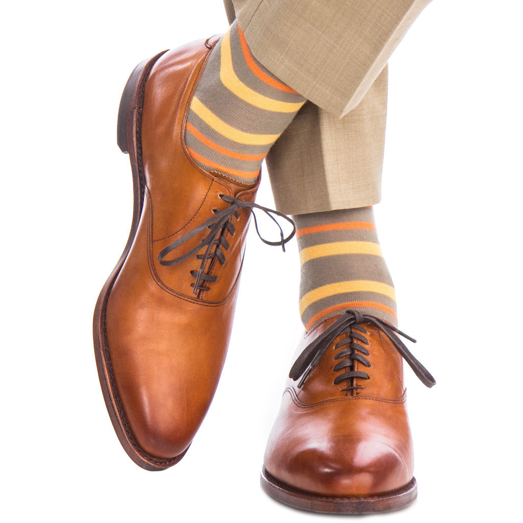 Taupe with Saffron and Orange Double Stripe Sock Fine Merino Wool Linked Toe OTC - over-the-calf - dapper-classics