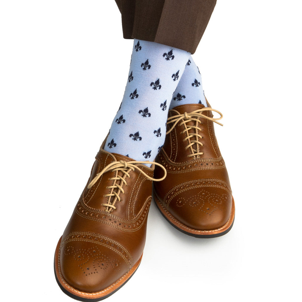 Sky Blue and Dress Navy Fleur De Lis Socks Fine Merino Wool Linked Toe Over-The-Calf - over-the-calf - dapper-classics