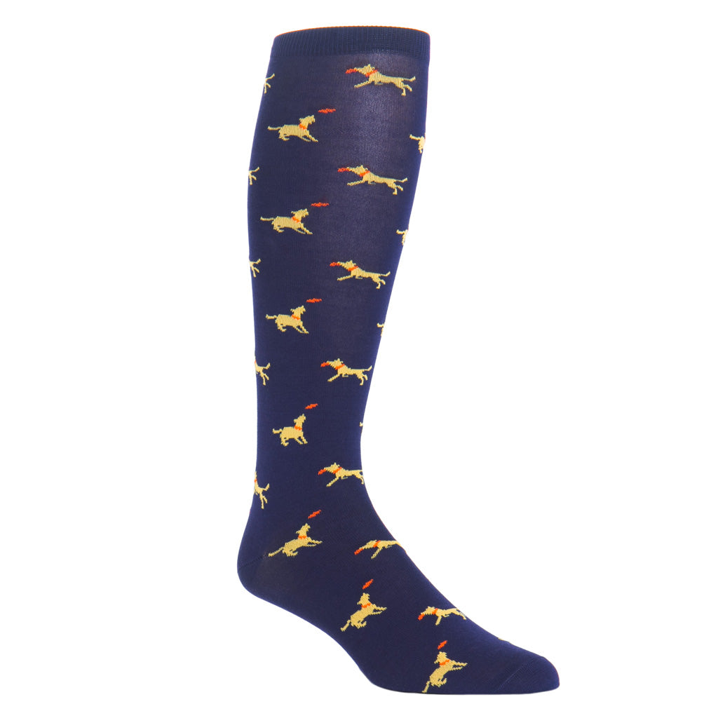 over-the-calf navy sock with yellow dog catching frisbee