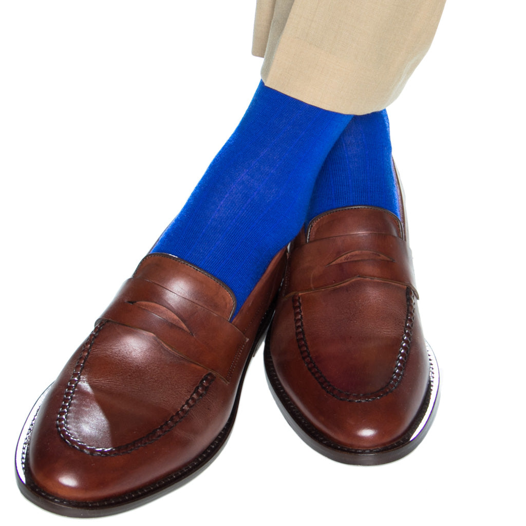 Cobalt Blue Solid Ribbed Fine Merino Wool Mid-Calf Sock