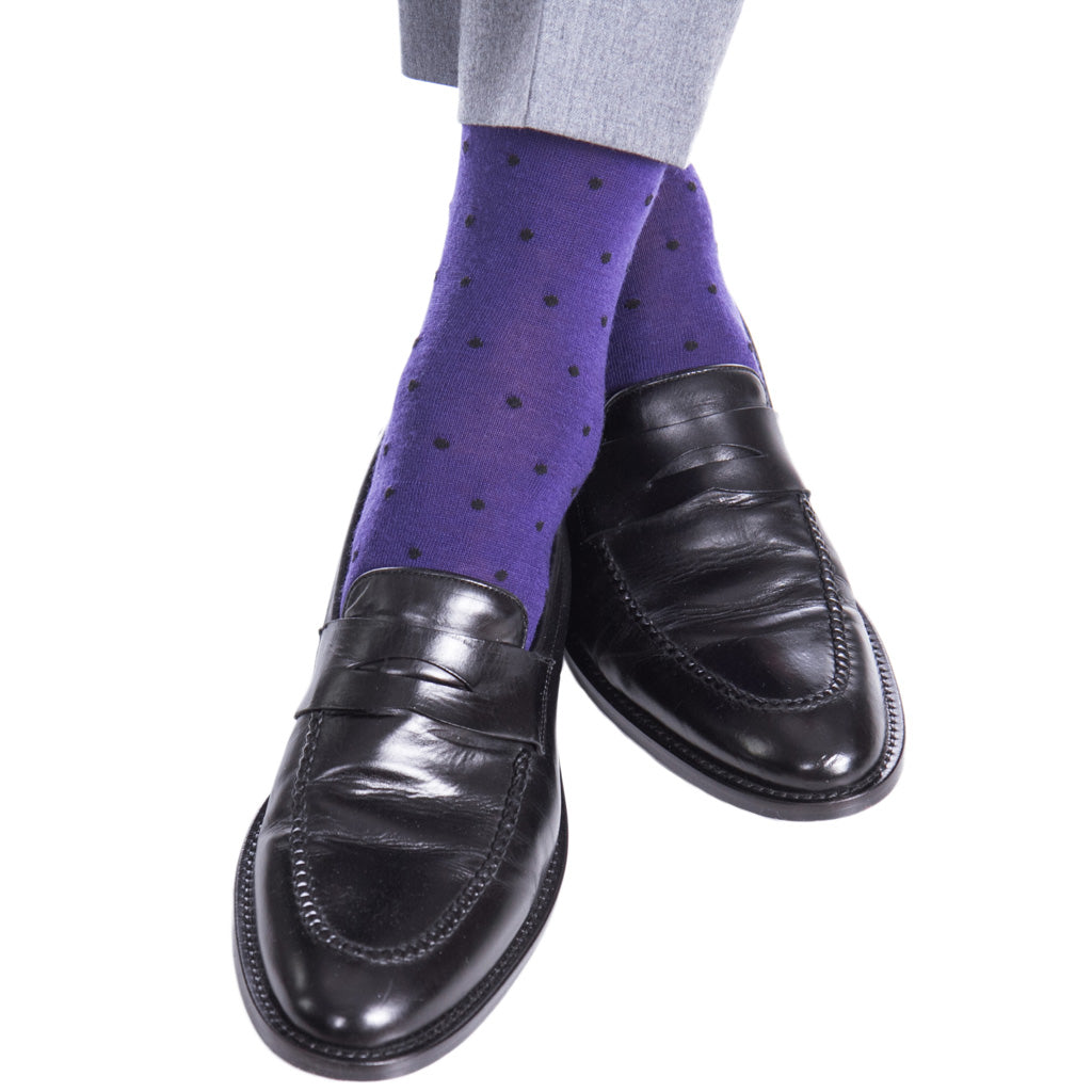 Purple with Black Dot Fine Merino Wool Mid-Calf Sock 8-12