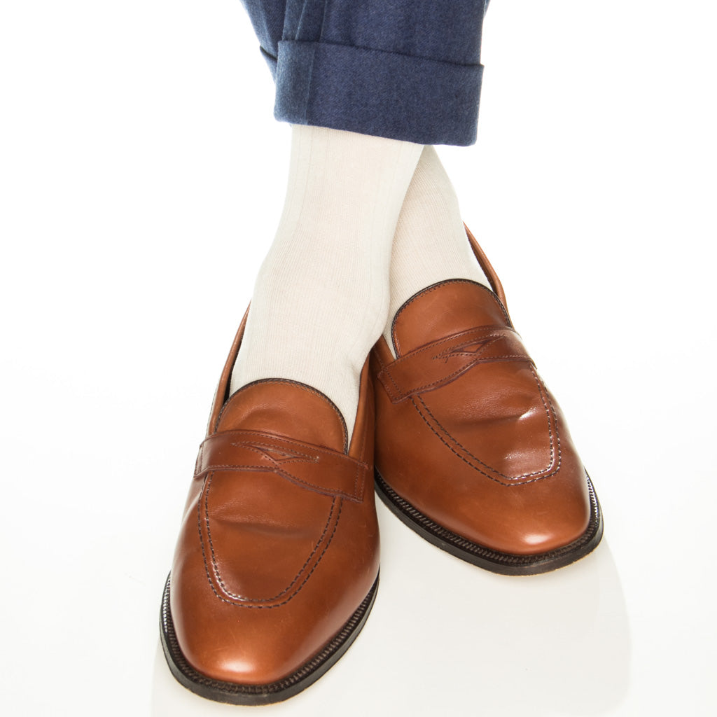 Cream Solid Ribbed Fine Merino Wool Over-the-Calf Sock