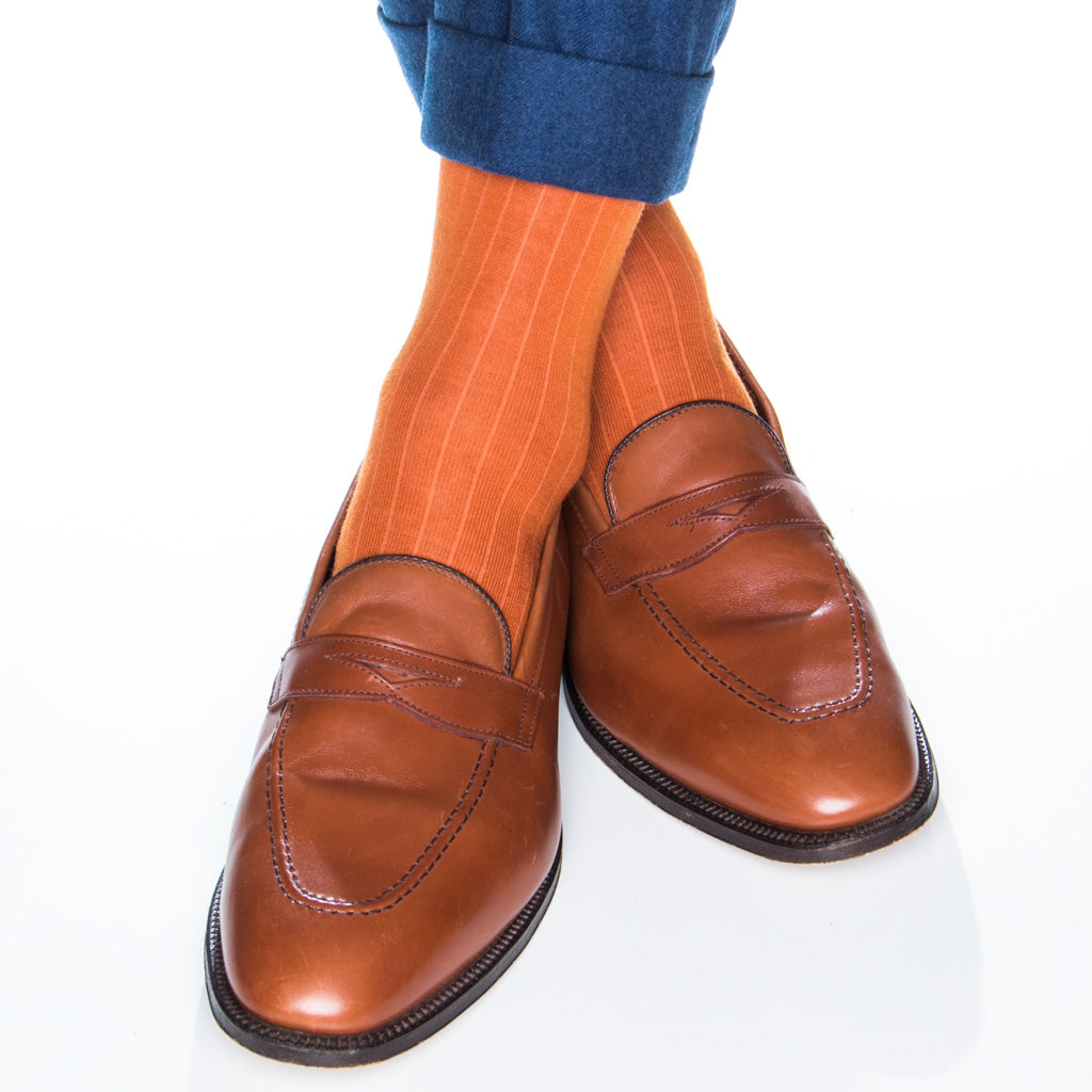 Mens orange merino wool socks with mid calf fit-Made In USA
