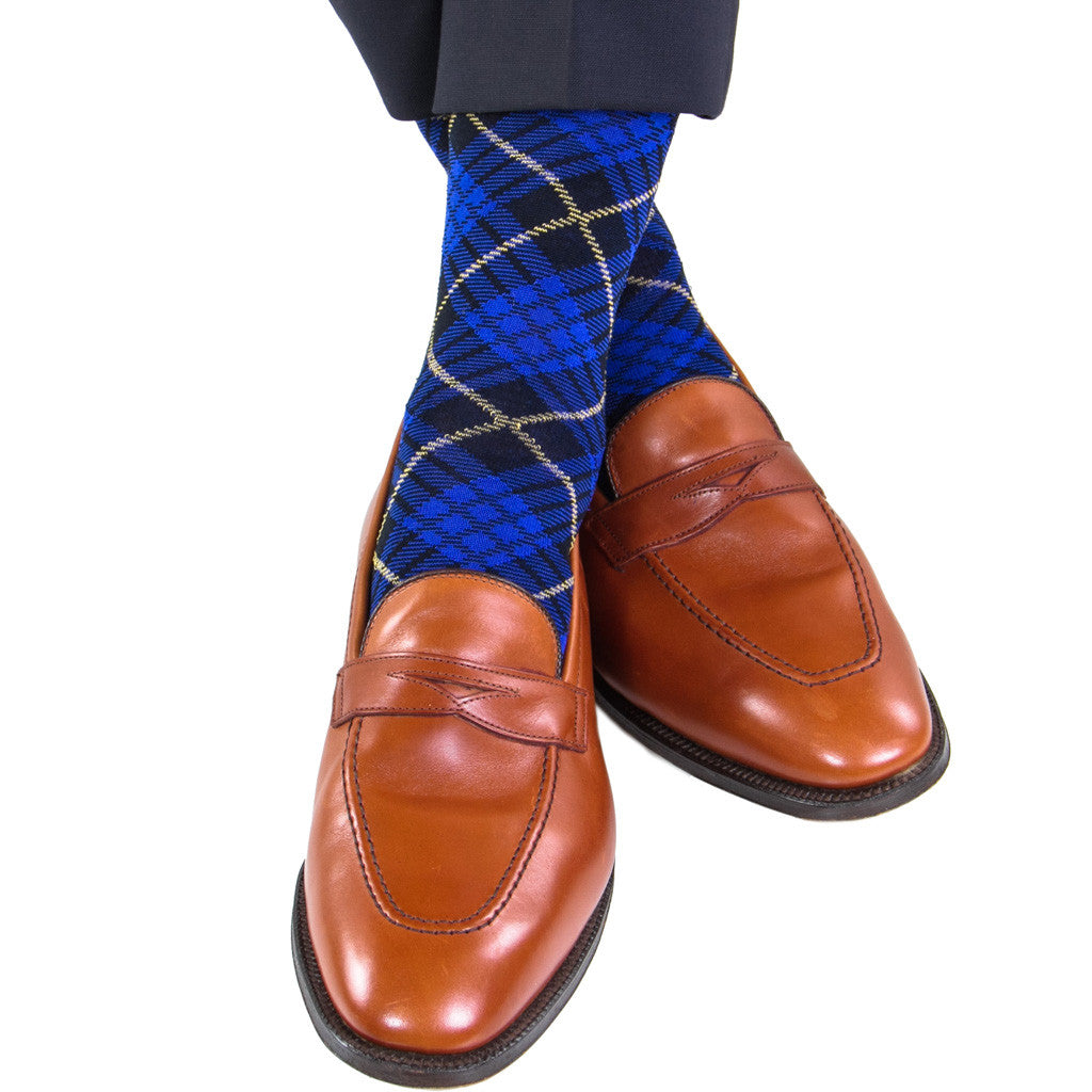Clematis Blue with Navy and York Tartan Sock Linked Toe Mid-Calf - mid-calf - dapper-classics