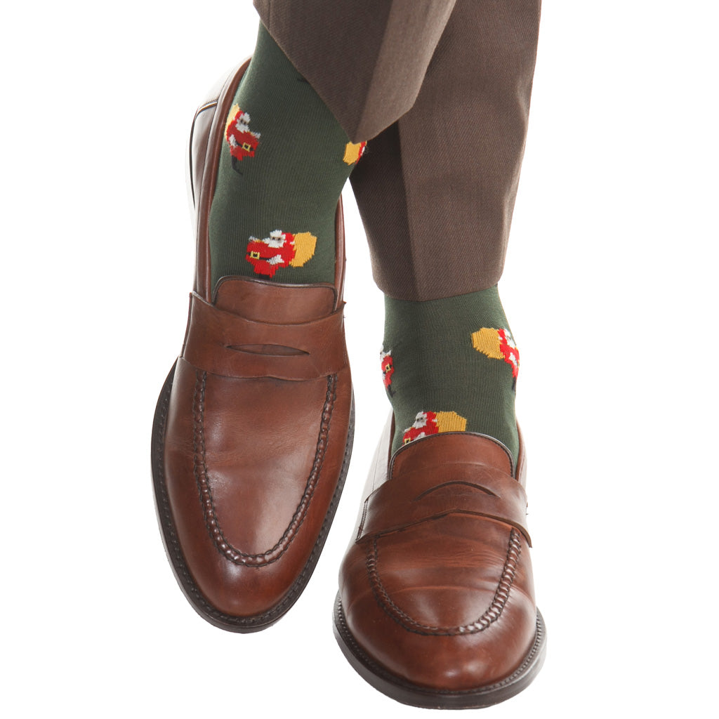 Forest Green with Santa Claus Cotton Mid-Calf Sock