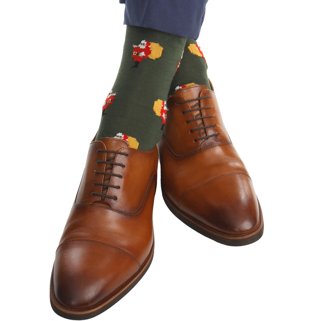 Forest Green with Santa Claus Cotton Over-the-Calf Sock