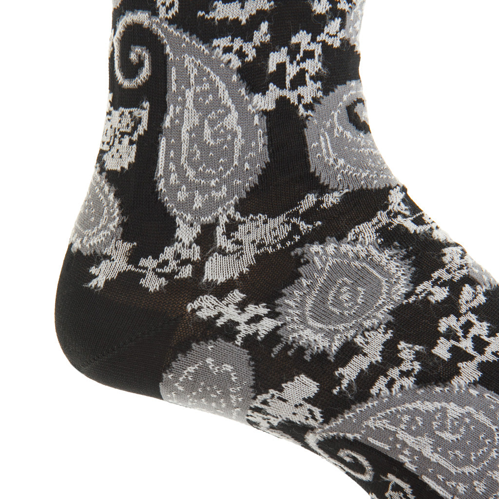 Black, Steel Gray, &amp; Ash Paisley Cotton Mid-Calf Sock