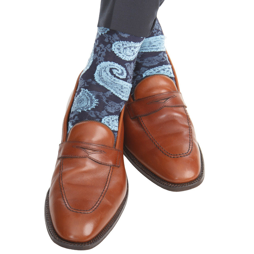 Classic Navy, Sky Blue, & Indigo Paisley Cotton Sock Linked Toe Mid-Calf Classic Navy, Sky Blue, & Indigo Paisley Cotton Sock Linked Toe Mid-Calf