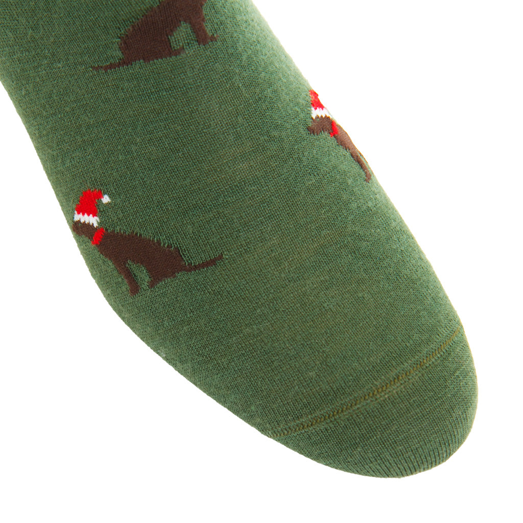 Pine Green with Brown Dog in Santa Hats Fine Merino Wool Over-the-Calf Sock