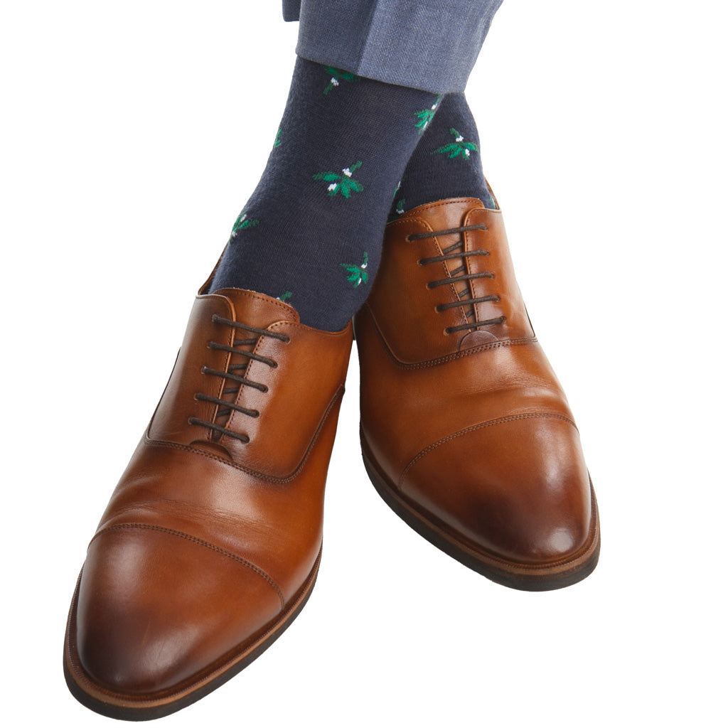 Dress Navy with Mistletoe Fine Merino Wool Over-the-Calf Sock