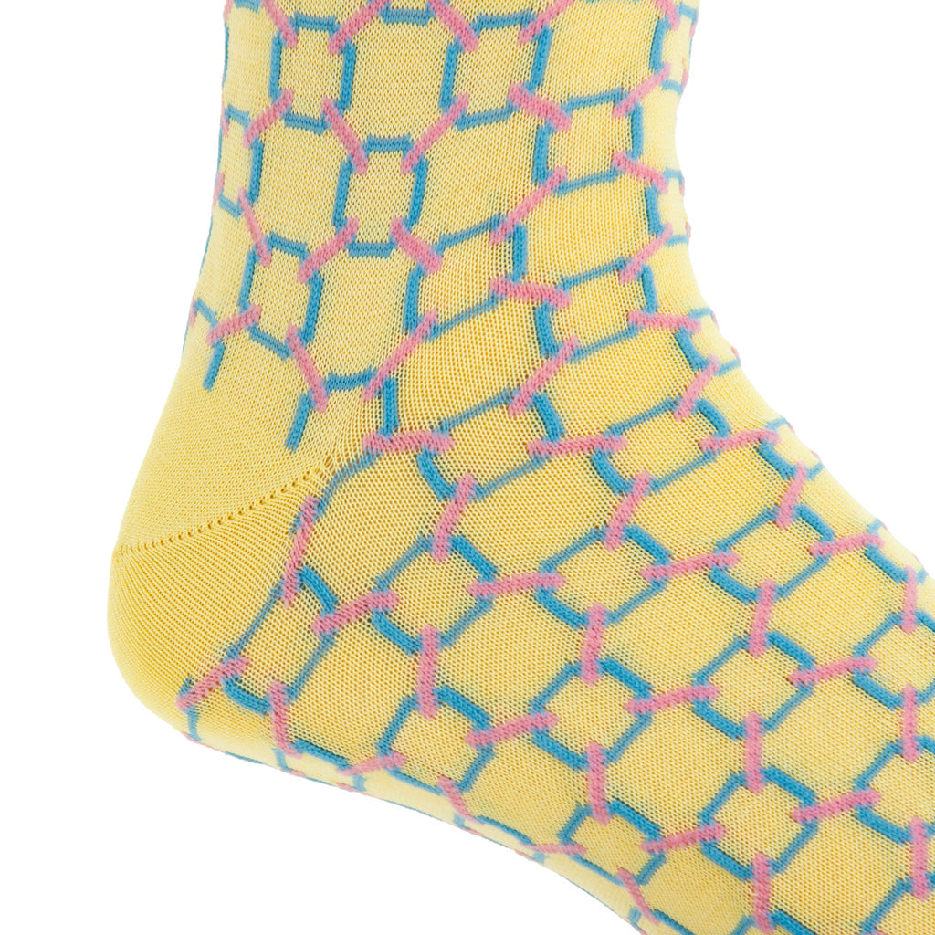 Lemon with Sky Blue and Pink Linked Circles Cotton Over-the-Calf Sock