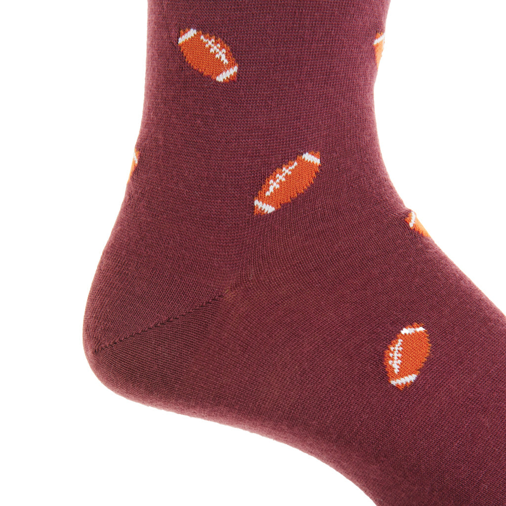 Burgundy with Burnt Orange Football Fine Merino Wool Over-the-Calf Sock