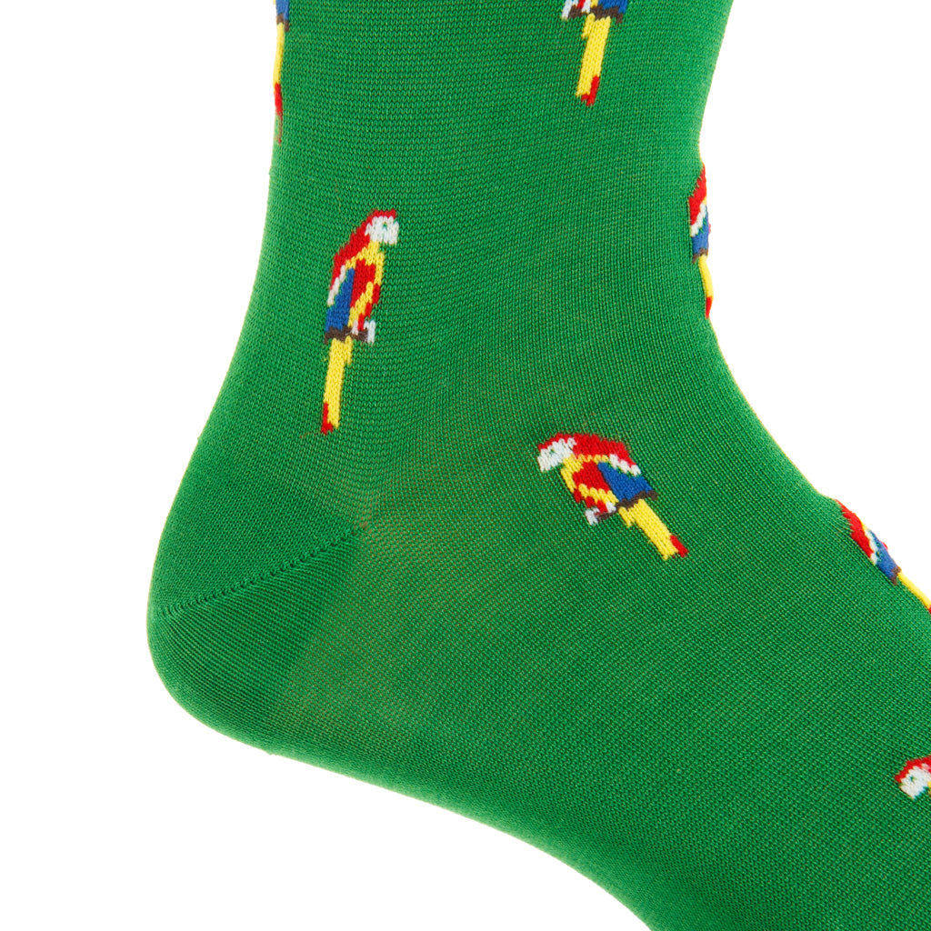 Green with Parrots Cotton Mid-Calf Sock