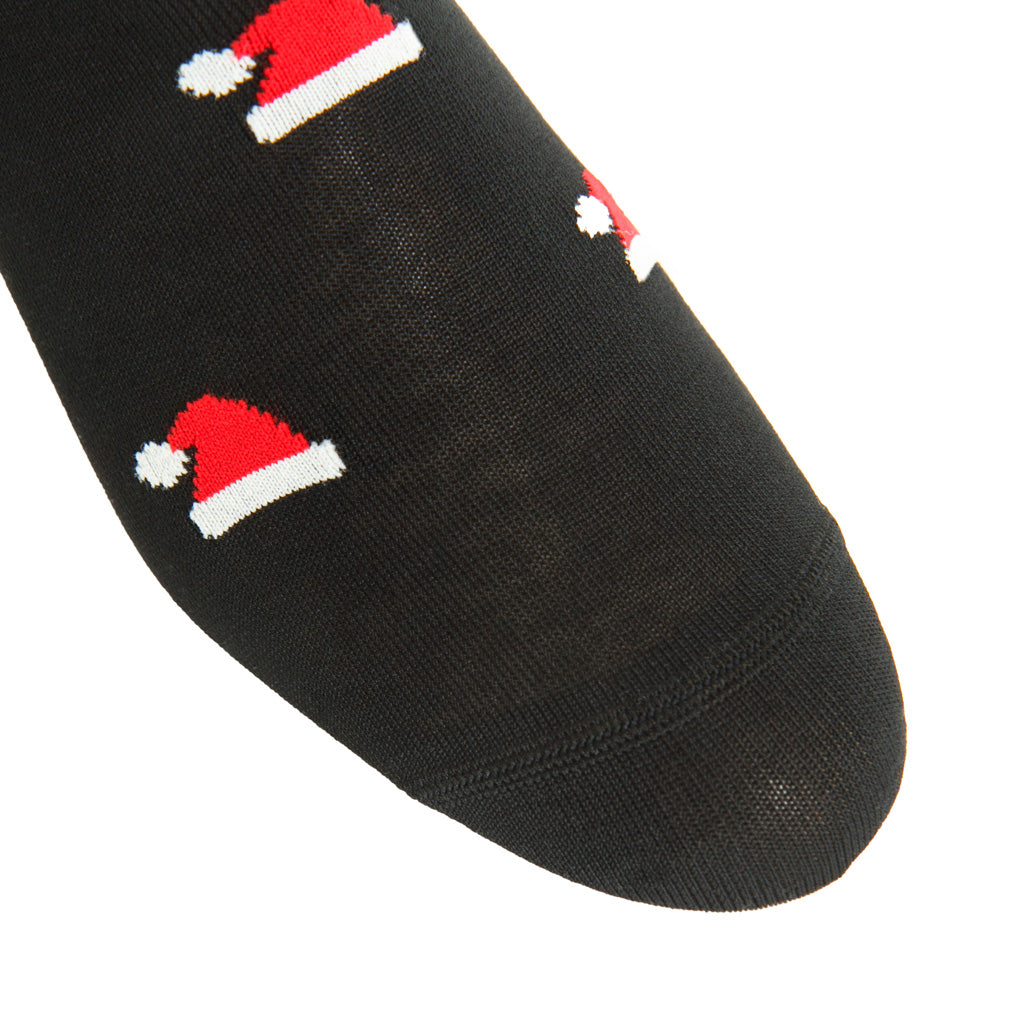 Black with Red and White Santa Hat Cotton Mid-Calf Sock