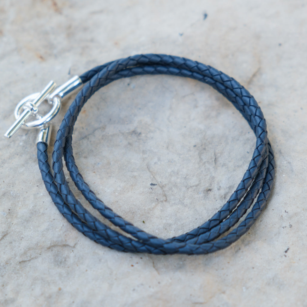 Triple Wrap Denim Blue Braided Leather with Sterling Silver T-Ring Clasp Bracelet