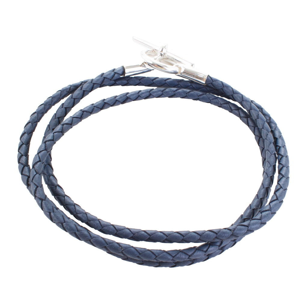 Triple Wrap Denim Blue Braided Leather with Sterling Silver T-Ring Clasp Bracelet