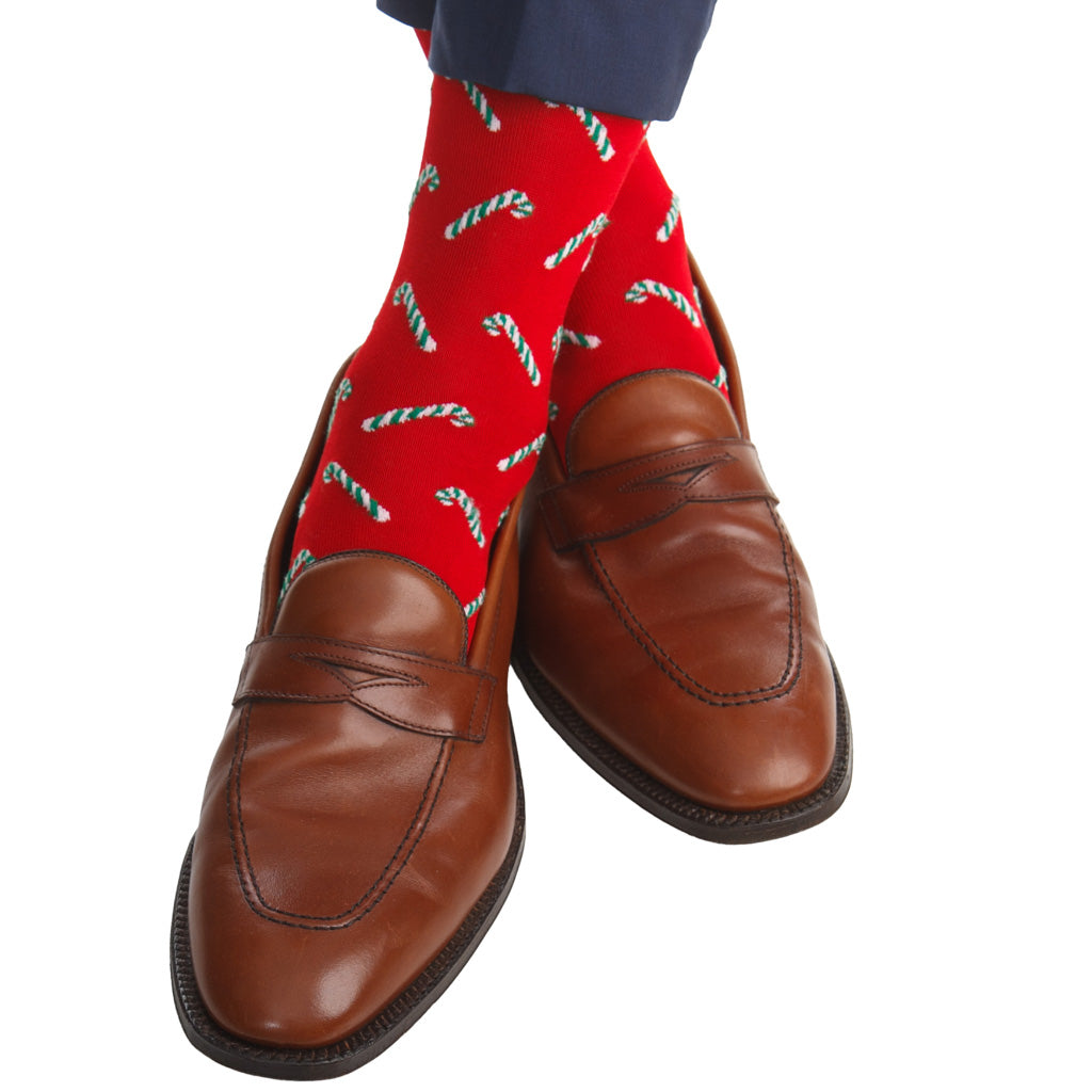Red with Candy Canes Cotton Over-the-Calf Sock