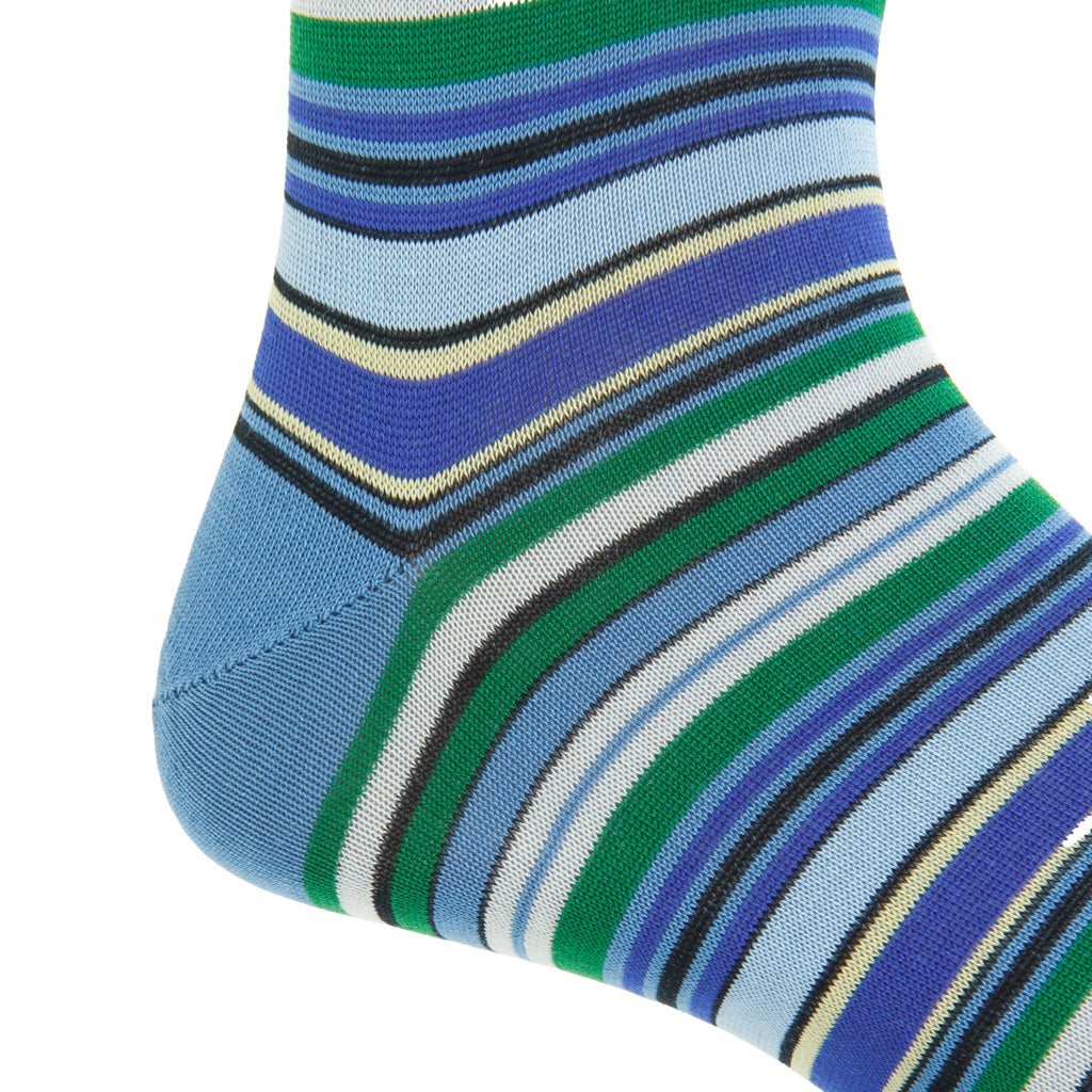 Azure with Green, Sky Blue, Navy, Yellow, &amp; Cream Variegated Stripe Cotton Over-the-Calf Sock