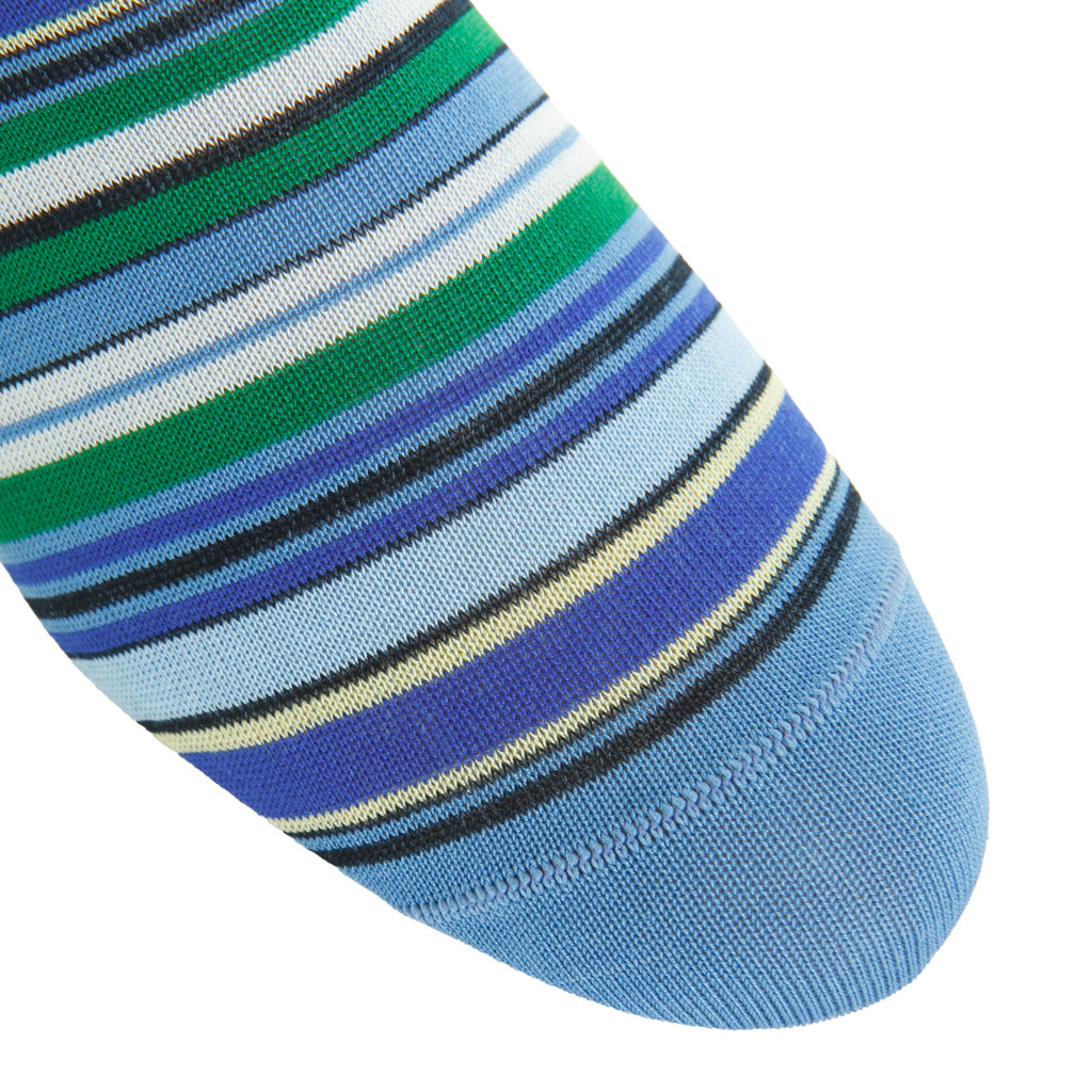 Azure with Green, Sky Blue, Navy, Yellow, &amp; Cream Variegated Stripe Cotton Over-the-Calf Sock