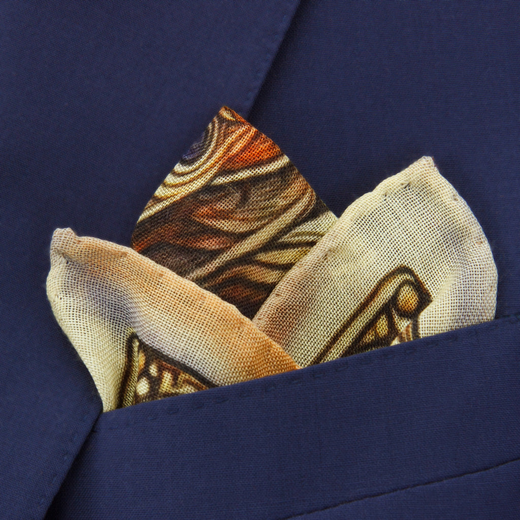 Large Owl in Blue, Gold, Tan, &amp; Cognac Pocket Square